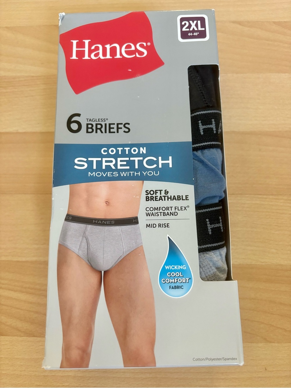 Hanes Men's Underwear Briefs 6 Pack Cotton Stretch Black/Blue/Grey 2XL